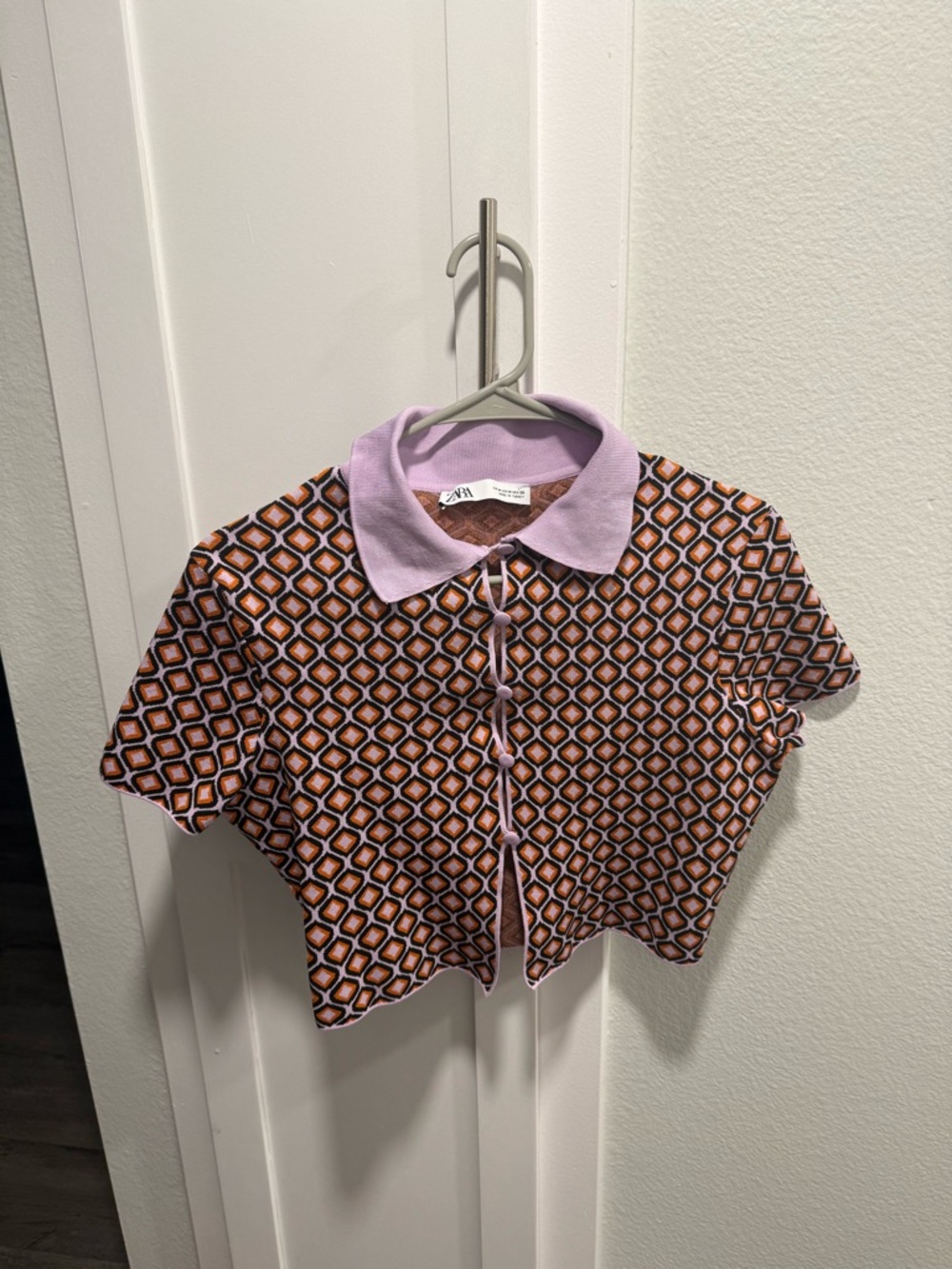 Zara Geometric Print Crop Button-Up with Lavender Collar